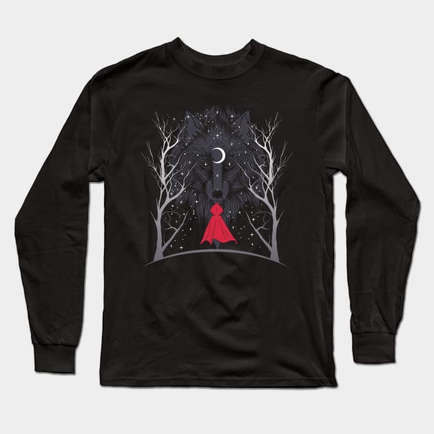 Little Red Ridding Hood Creepy Wolf Crescent Moon Midnight Mystery Long Sleeve T-Shirt by Kali Space